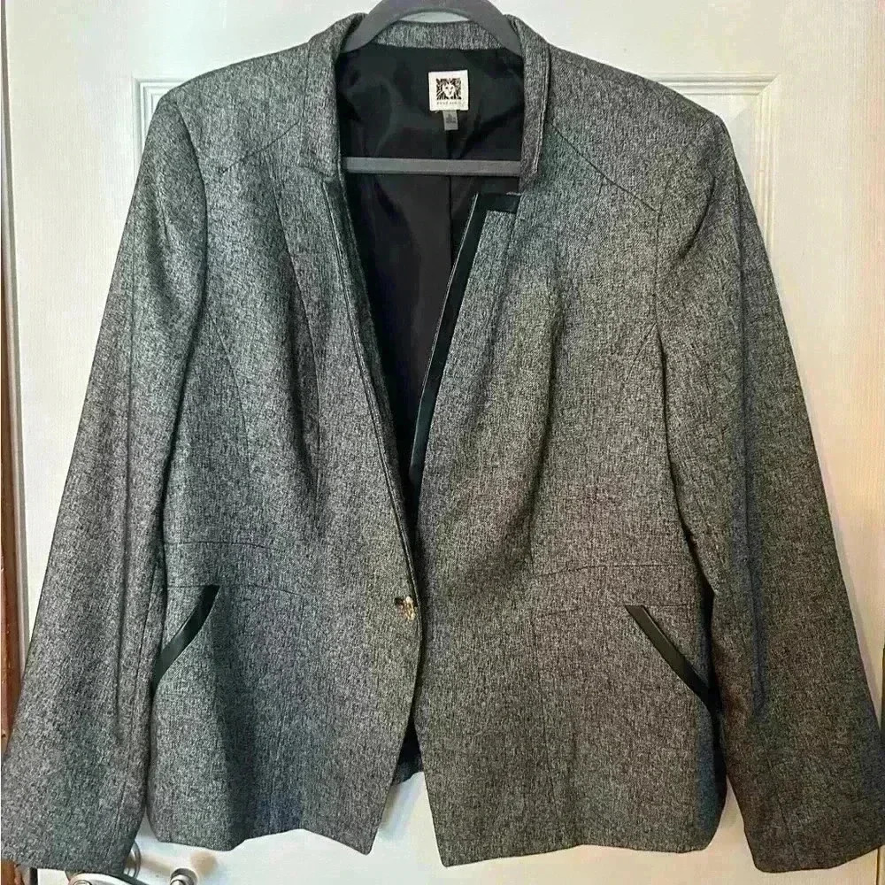 Anne Klein Women's Gray Faux Leather Trim One Button Career Blazer XL